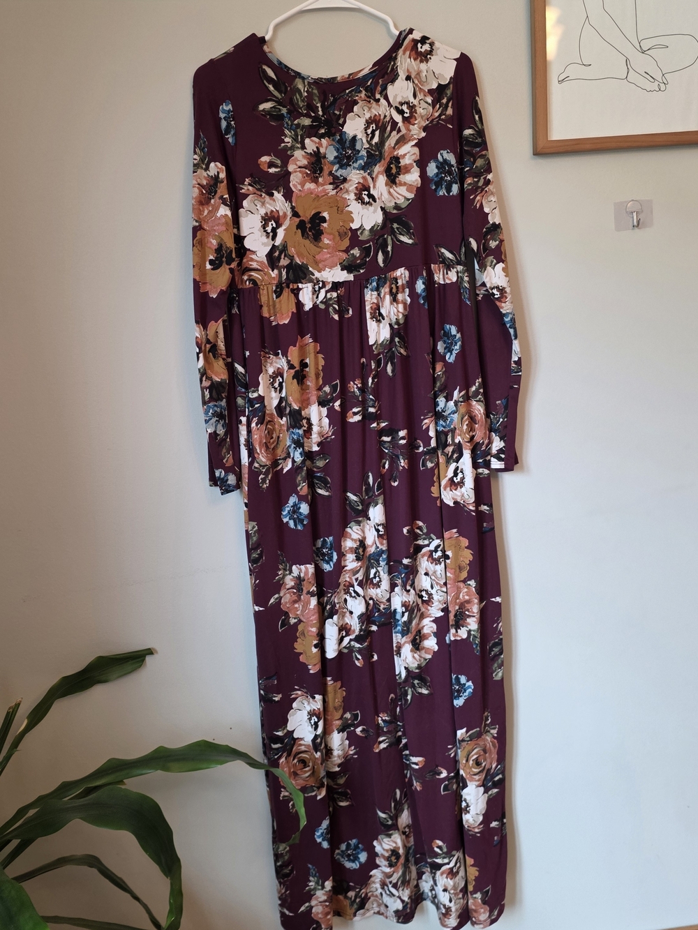 Sweet Lovely By Jen Burgandy Floral Maxi Dress with Long Sleeves and Pockets